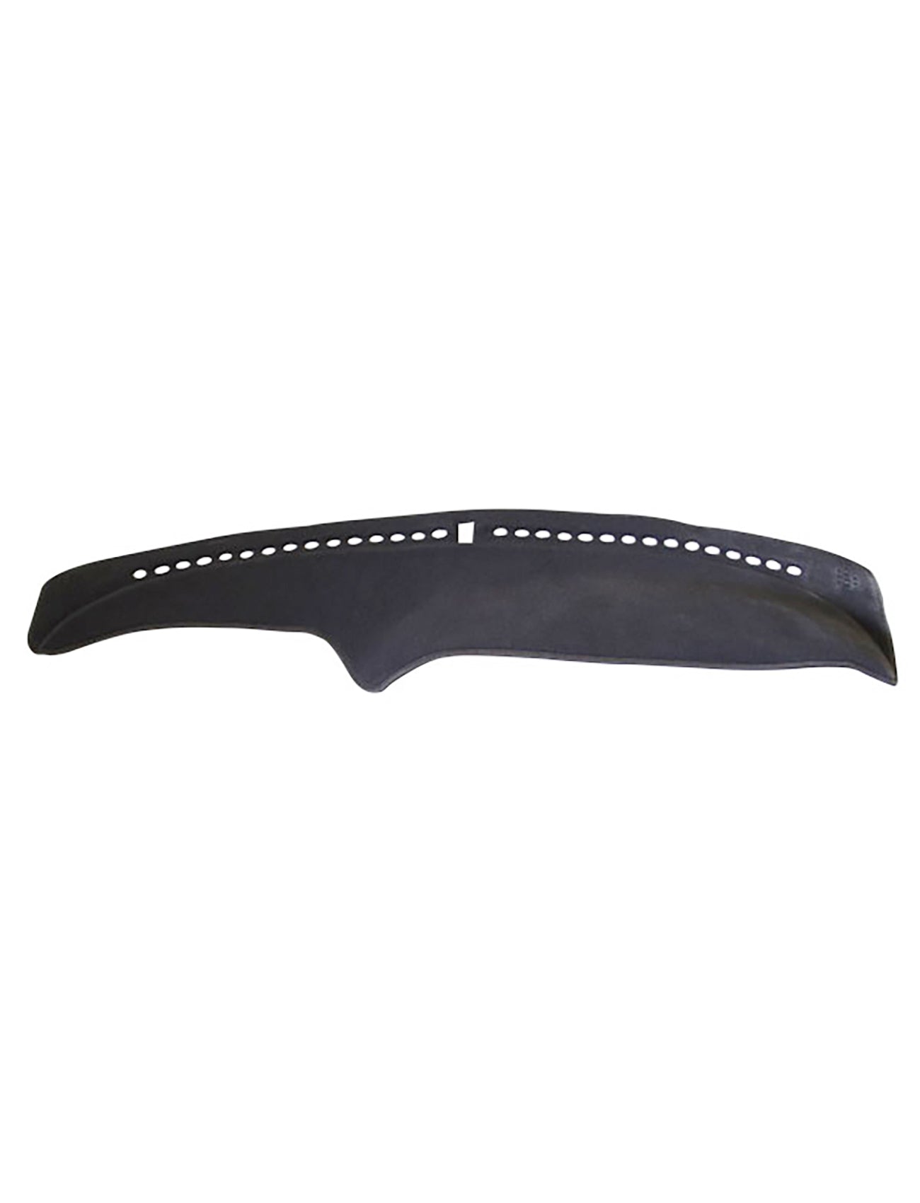 The Sunland-Protection Dash Mat Charcoal Suits Holden HSV VT/VX 10/1997-09/2002 All Models With Pax Airbag (No Gauges) - G39B06 is a black, elongated car dashboard cover featuring ventilation holes. It is designed to fit over the top of the dashboard, with a textured surface and molded contours for precise fitting. This cover provides protection, reduces glare, and helps minimize windscreen fogging.