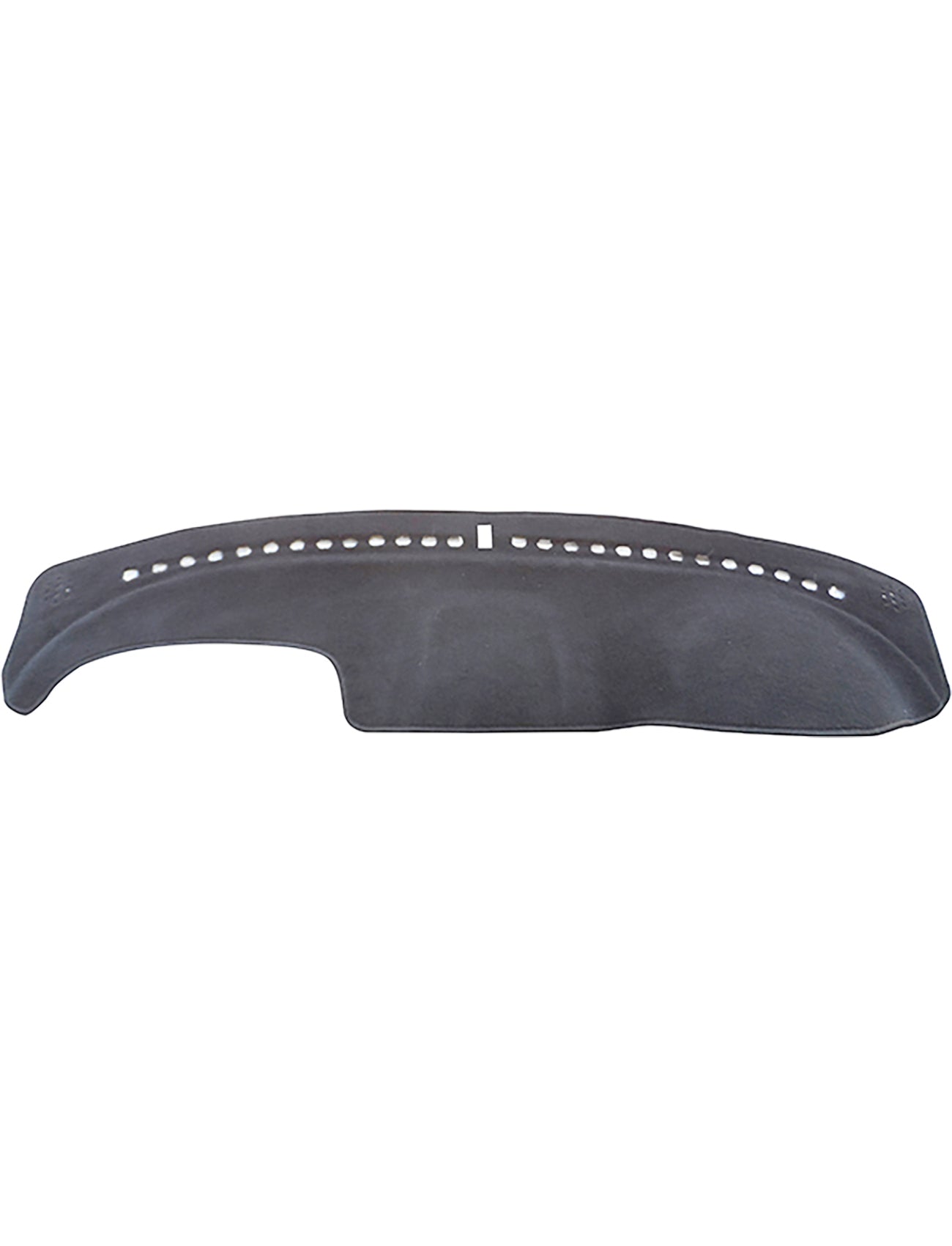 A Sunland-Protection Dash Mat Charcoal designed for Holden Utility VZ models from 08/2003 to 08/2007 in all Crewman, S, SS, and X6 variants with passenger airbags (G4406). This mat features a curved design with perforated slots along the top edge for air vents. It has a textured surface and an indentation on one side to fit specific dashboard shapes, helping keep your vehicle cool while protecting its resale value.