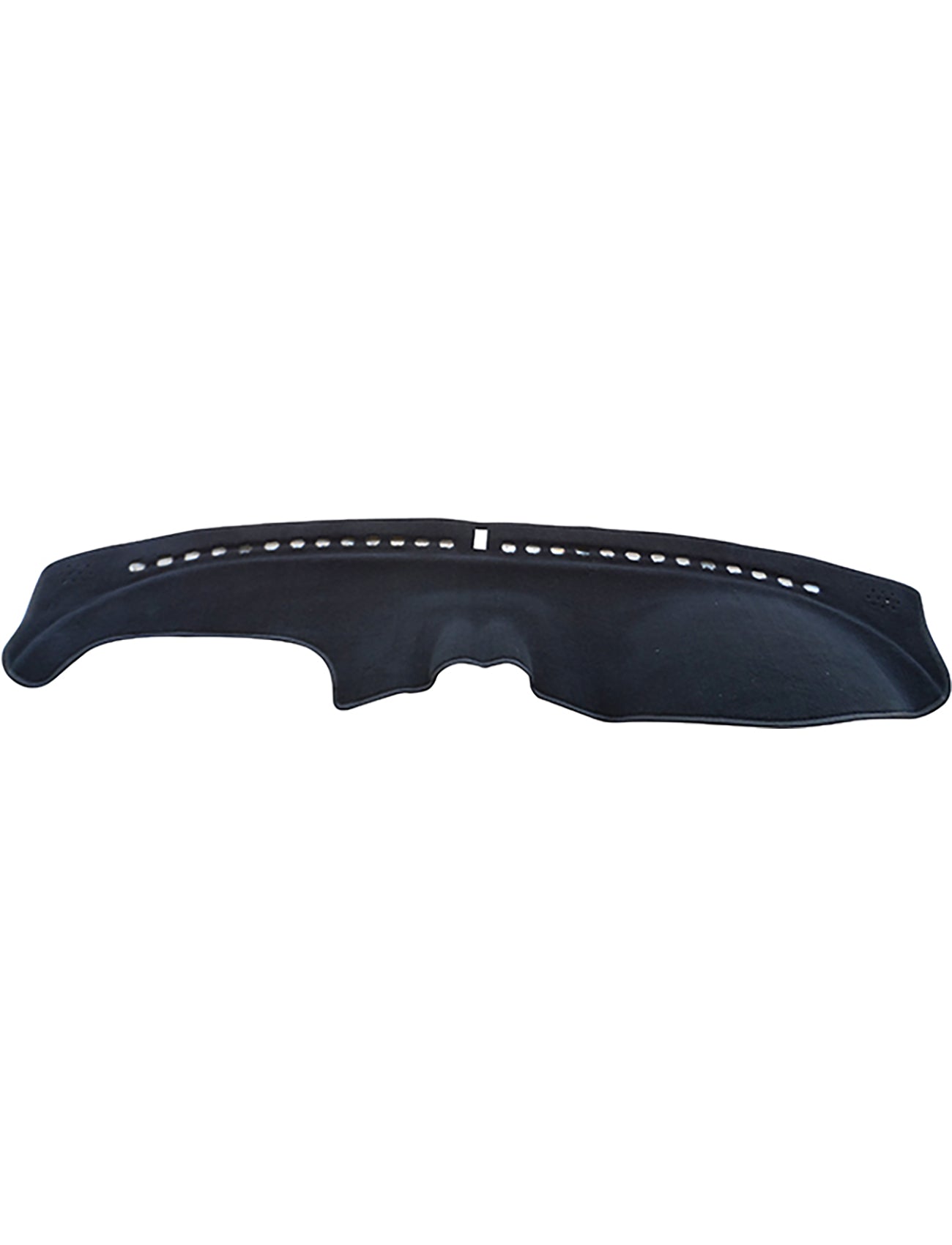 The Sunland-Protection Dash Mat Black is designed to fit the contours of the dashboard for Holden Adventra VZ / CX8 / Lx8 models from 09/2003-01/2006. Featuring a curved design with multiple small ventilation holes aligned in a row across the middle, this accessory is airbag safe and accommodates dashboards with round gauges, making it a stylish and functional vehicle addition.