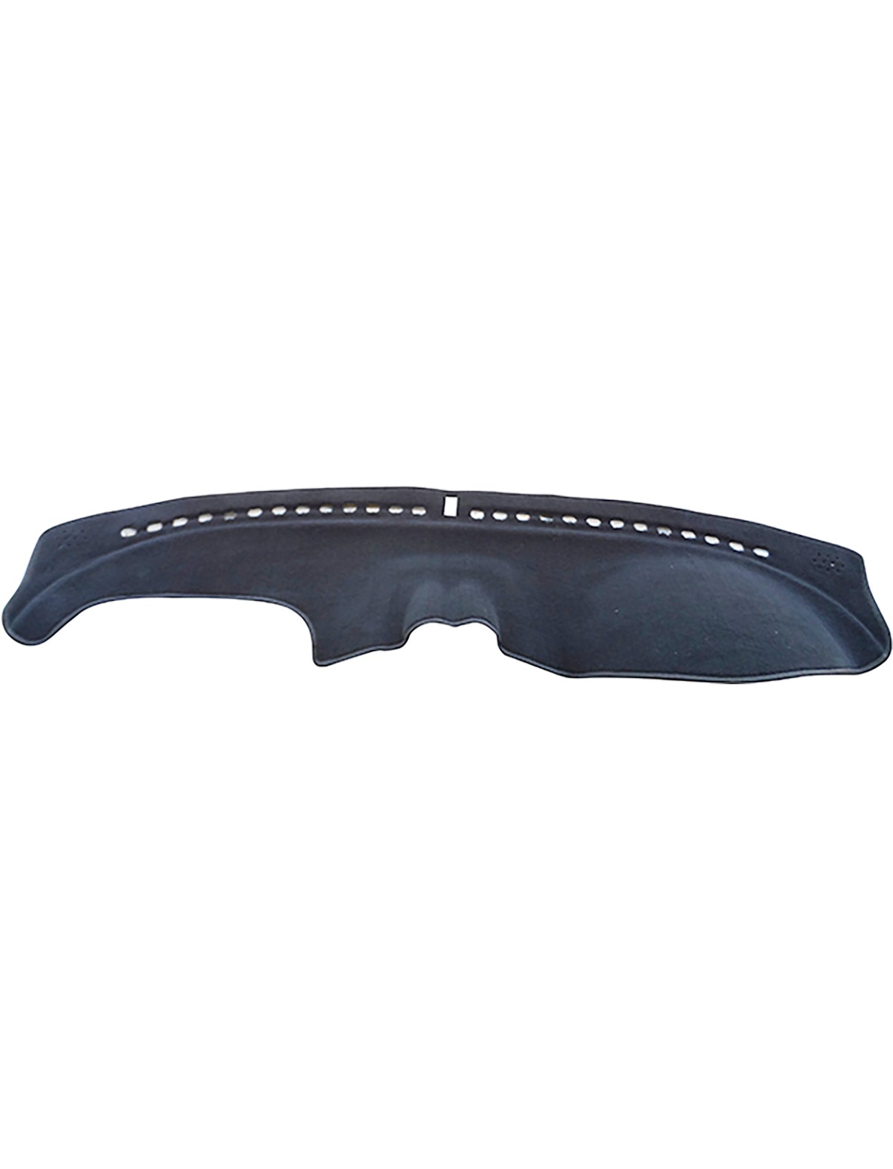 The Sunland Dash Mat Charcoal by Sunland-Protection, designed specifically for Holden HSV VY/VZ models from 10/2002 to 08/2007 with round gauges on the dash (model number G5506), features a curved design and multiple small cut-out holes along the top edge. This dash mat is shaped to fit over your dashboard, offering protection, reducing glare, and helping to keep your vehicle cool with its soft and flexible material.