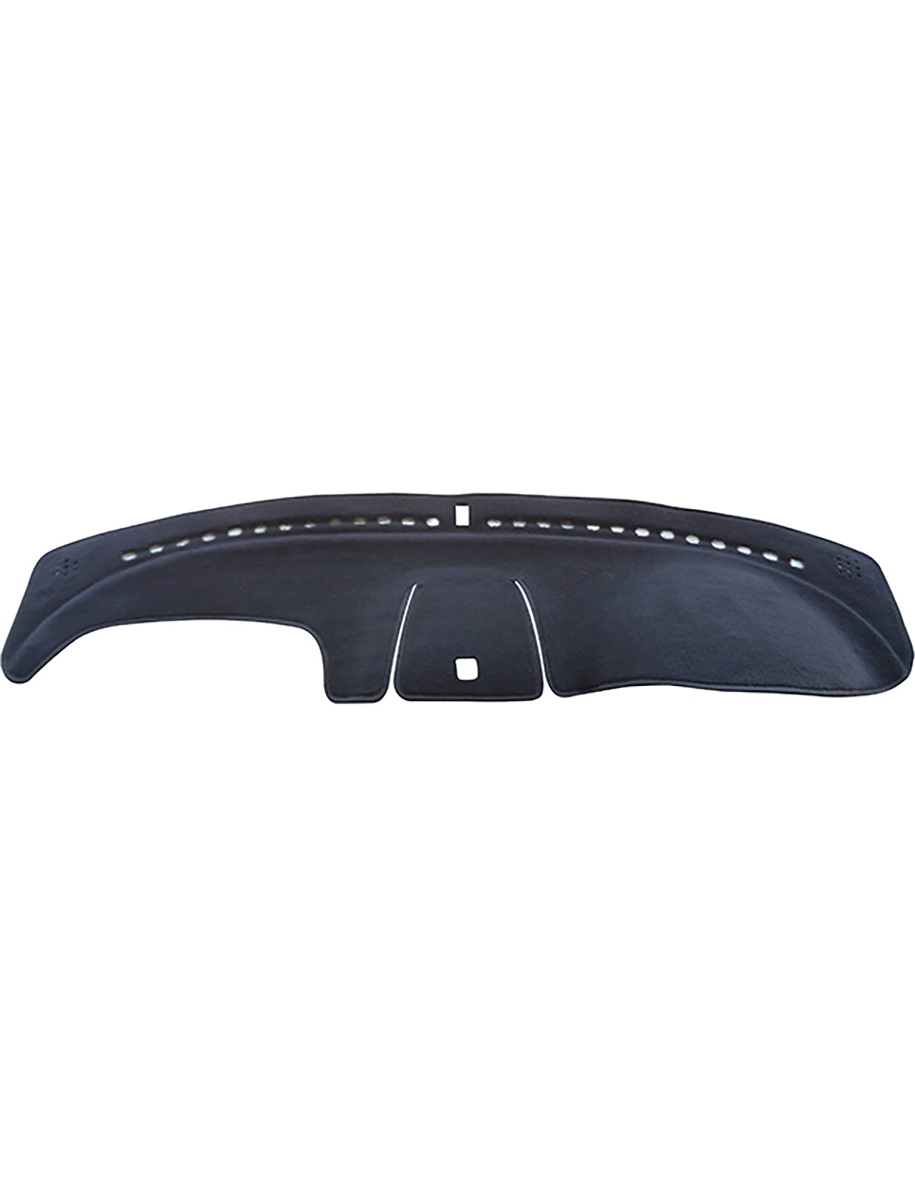 The Sunland Dash Mat, specifically designed for Holden Adventra models from 09/2003 to 01/2006 with a lift-up dash compartment, is a black dashboard cover by Sunland-Protection. It features a curved shape with perforated sections to allow air ventilation and includes a rectangular cutout near the center to help reduce glare and keep your vehicle comfortable.