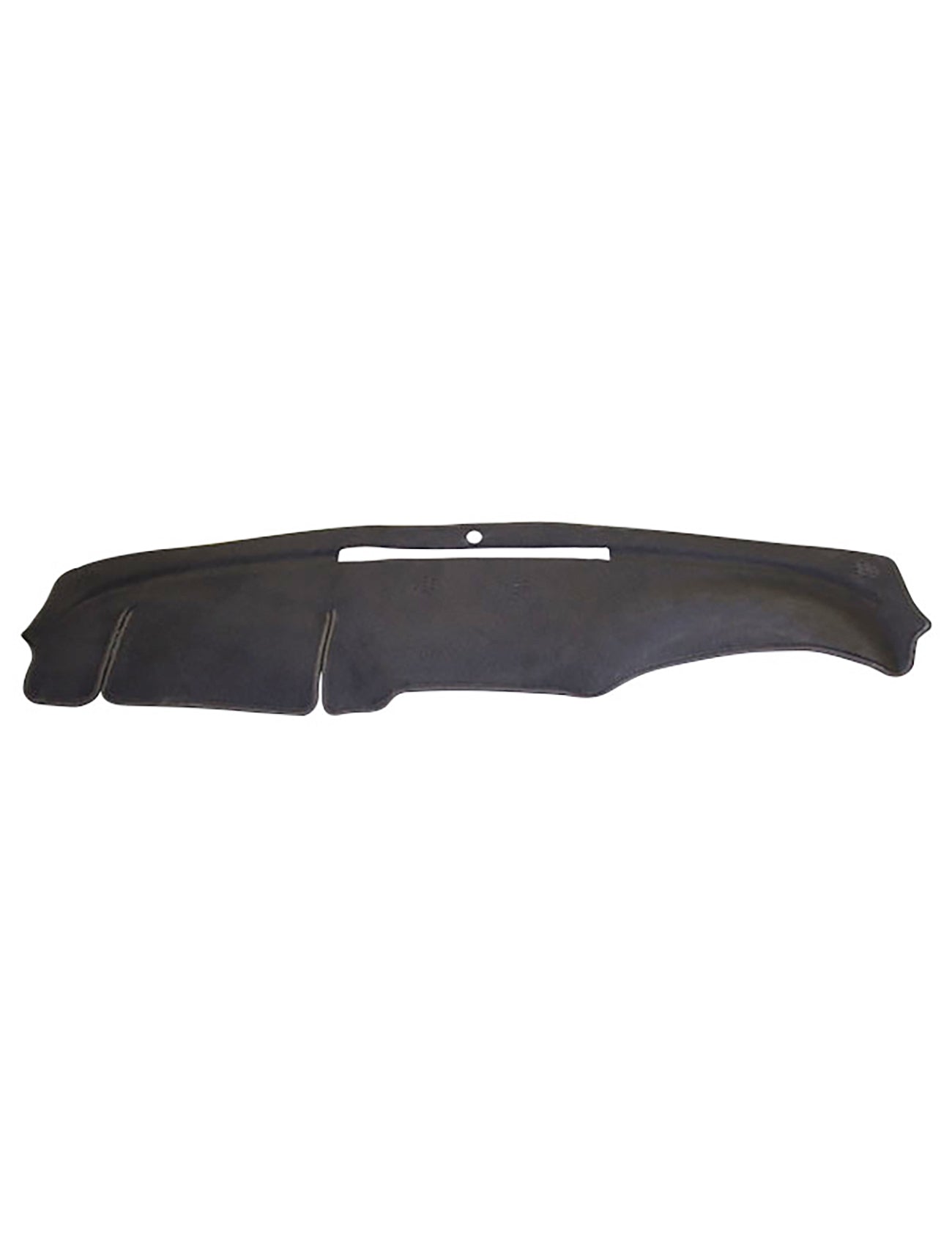 Image of a Sunland Dash Mat Charcoal automotive dashboard cover for Holden Commodore VE models (07/2006-08/2010 Berlina & Calais). The elongated cover has precise cutouts for various dashboard components. Made from a textured material by Sunland-Protection, it fits the contour of the vehicle's dashboard to offer protection, help keep the car cool, and enhance aesthetics.