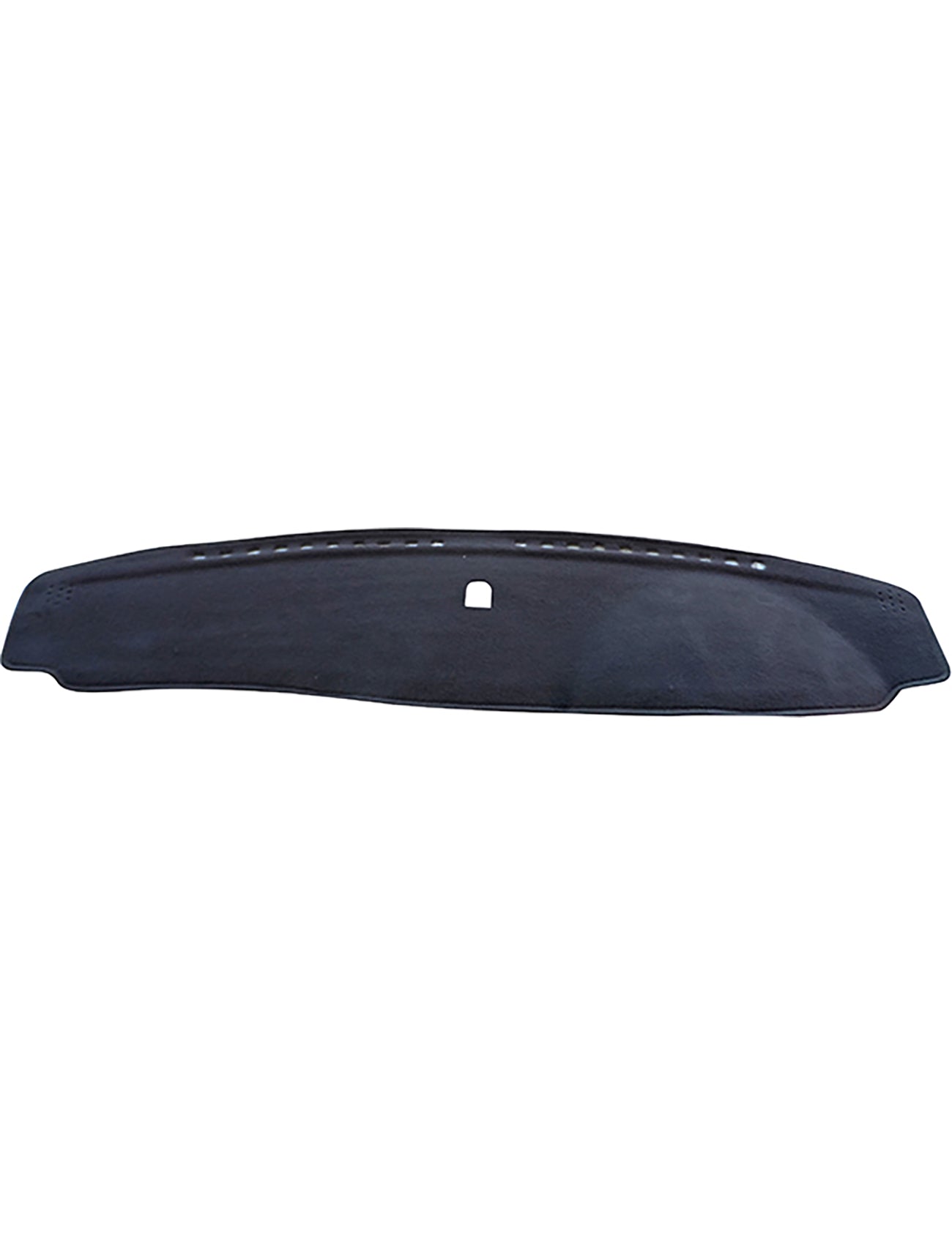 A black, curved Sunland Dash Mat, suitable for all Holden Epica models from 2007 to 2011, is viewed from above. It is specifically designed to shield the vehicle's interior dashboard from sunlight and minimize glare while being Air Bag Safe. This product features a small rectangular cutout in the center for sensor compatibility and is crafted by Sunland-Protection.