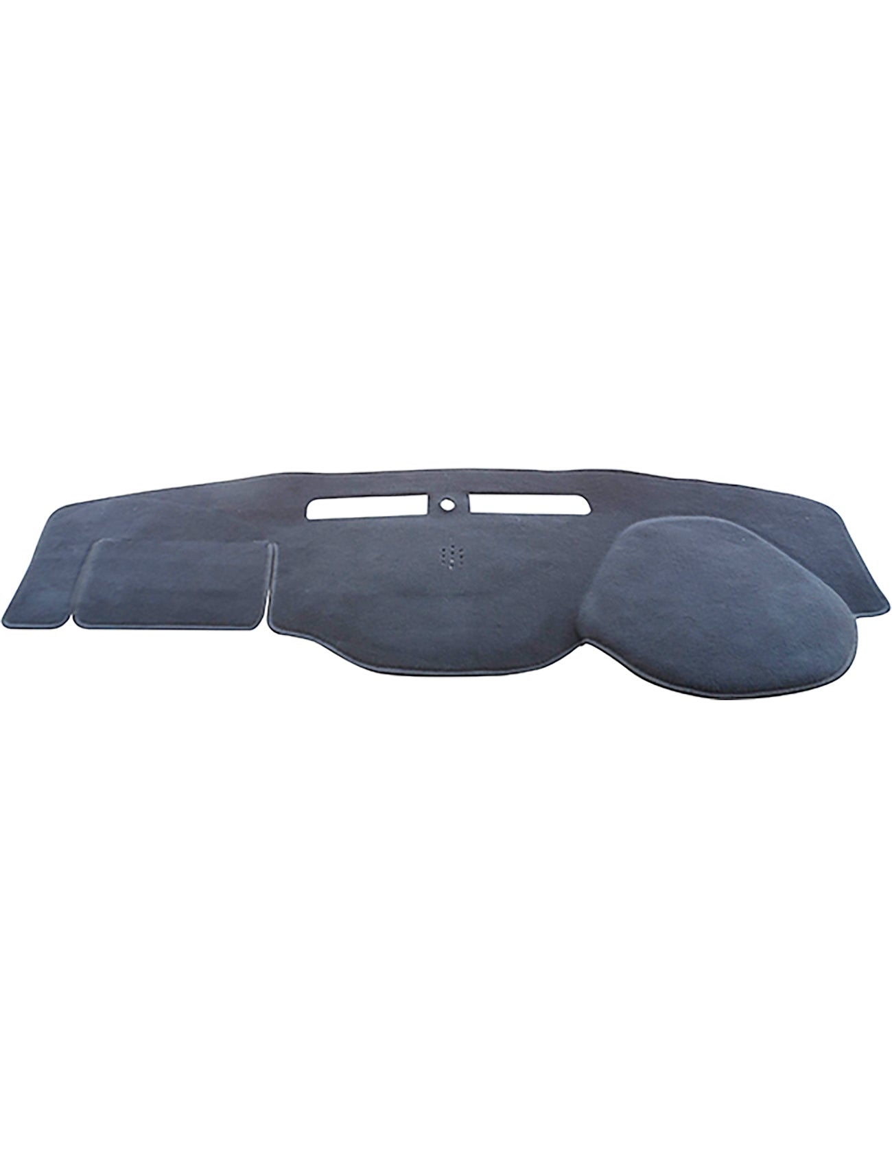 The Sunland Dash Mat Charcoal, specifically designed for Holden Commodore VF models (05/2013-10/2017), including Evoke, SV, SS & SSV variants without HUD (Heads Up Display) - G8206 by Sunland-Protection, is perfectly contoured to fit your car dashboard. Featuring an overall rectangular shape with custom cutouts for vents and other dashboard elements, it is crafted from a soft, textured material that enhances grip and vehicle protection while likely reducing glare.