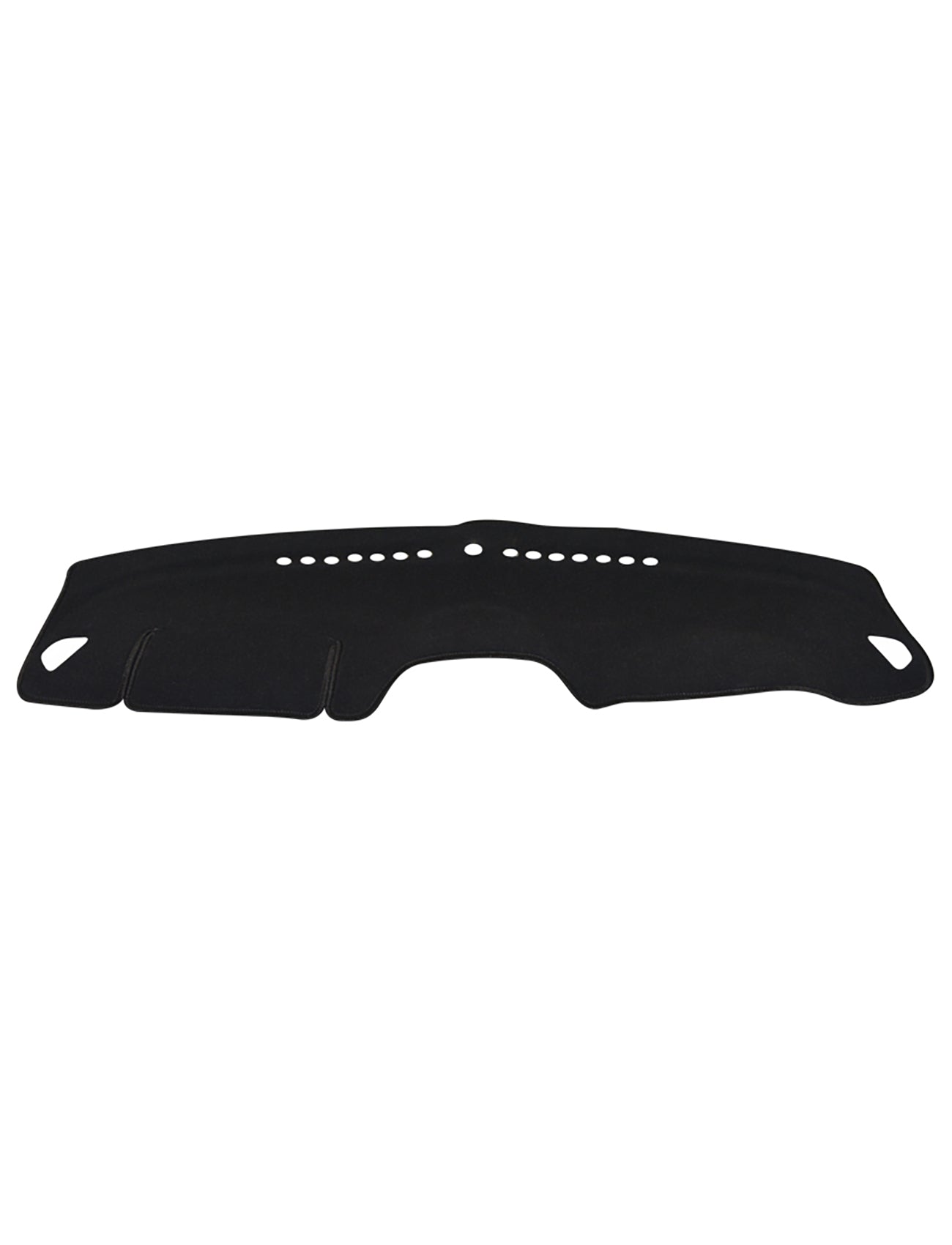 The Sunland-Protection Dash Mat, designed specifically for all Holden Spark MP MY16 models from 12/2015 to 02/2018, is a sleek black cover with a contoured design. It features multiple holes and slots for a perfect fit over your dashboard, offering precision cutouts for vents and other vehicle features to ensure air bag safety while enhancing your car's interior style.