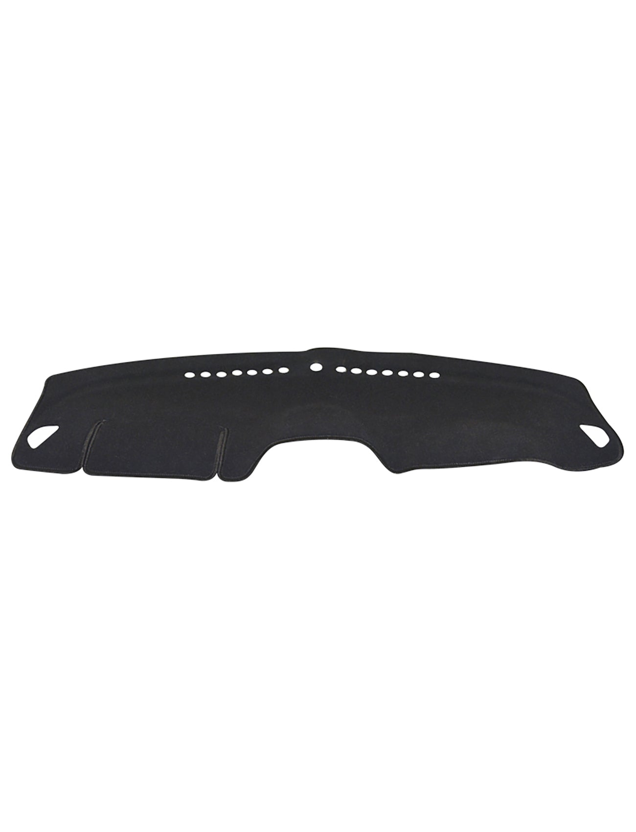 The Sunland Dash Mat Charcoal, specifically designed for Holden Spark MP MY16 LS/LT Hatch models from December 2015 to February 2018, features curved edges, cutouts for vents, and a series of perforations along the top. This black automotive dashboard cover from Sunland-Protection fits over the dashboard to protect against sun damage while helping keep your vehicle cool and reducing glare.