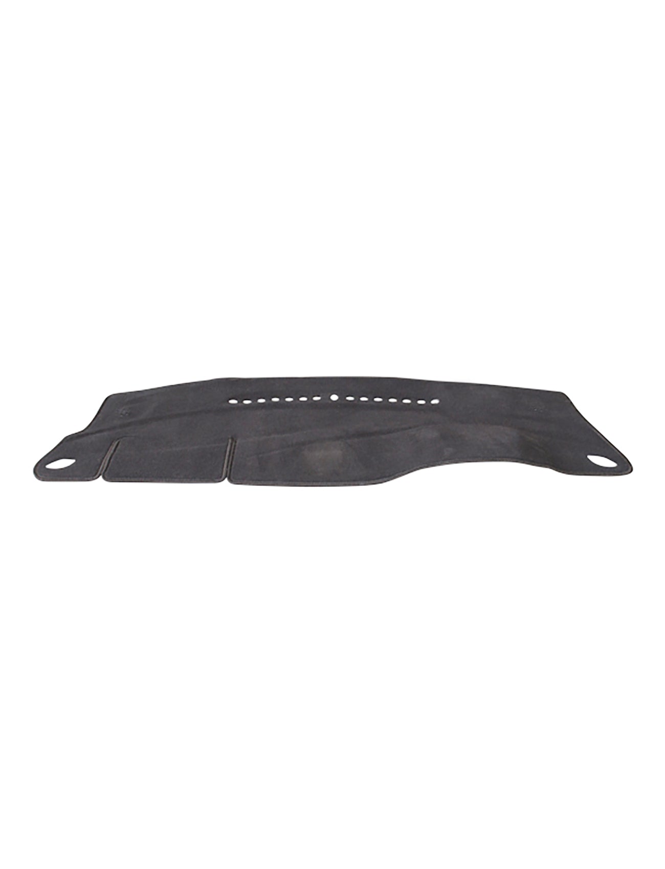 The Sunland-Protection Dash Mat Charcoal Suits Holden Astra BK MY17 09/2016-12/2020 All 5 Door Hatch Models W/Out Heads Up Display (HUD) - G9506 is made of black material with a smooth finish. This automotive cover features multiple vent cutouts in the center and has holes on both ends, likely for securing it in place while ensuring it is Air Bag Safe.