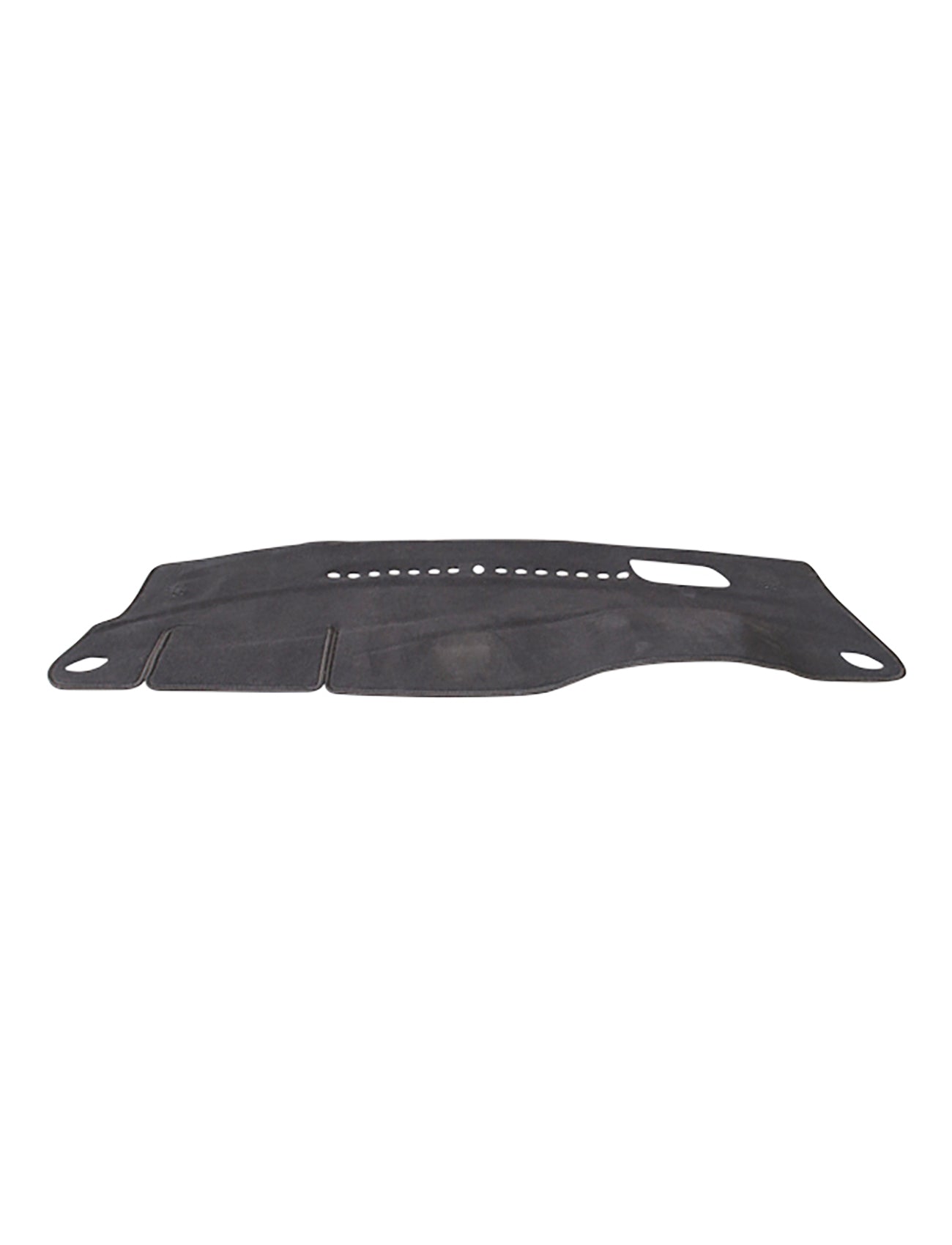 A charcoal Sunland-Protection Dash Mat Suits Holden Astra BK MY17 09/2016-12/2020 All 5 Door Hatch Models with Heads Up Display (HUD) - G95H06 seen from above. The cover features cutouts and holes for vehicle controls and vents, with raised sections on the bottom corners and an overall textured appearance. The plain white background ensures the details of the Dash Mat stand out clearly.