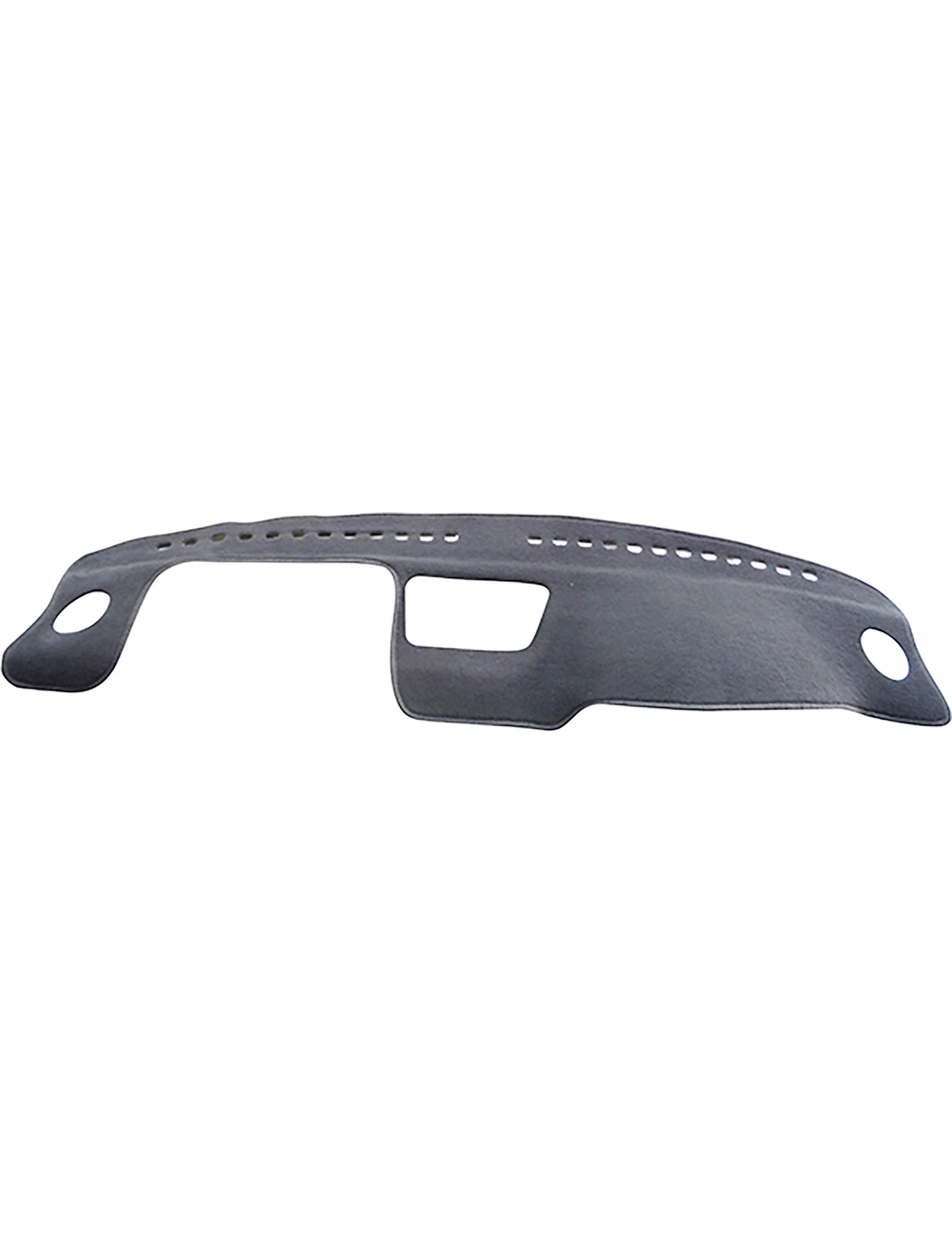 A Sunland Dash Mat in charcoal, featuring a flat, dark-colored, slightly curved metal or plastic panel with multiple holes along its length and cut-out sections on each end. The central cut-out is larger and rectangular in shape, ideal for placing on the dash of your Honda Civic VTI models from 02/1997 to 10/2000 with passenger airbag. The surrounding material is smooth for a seamless fit.