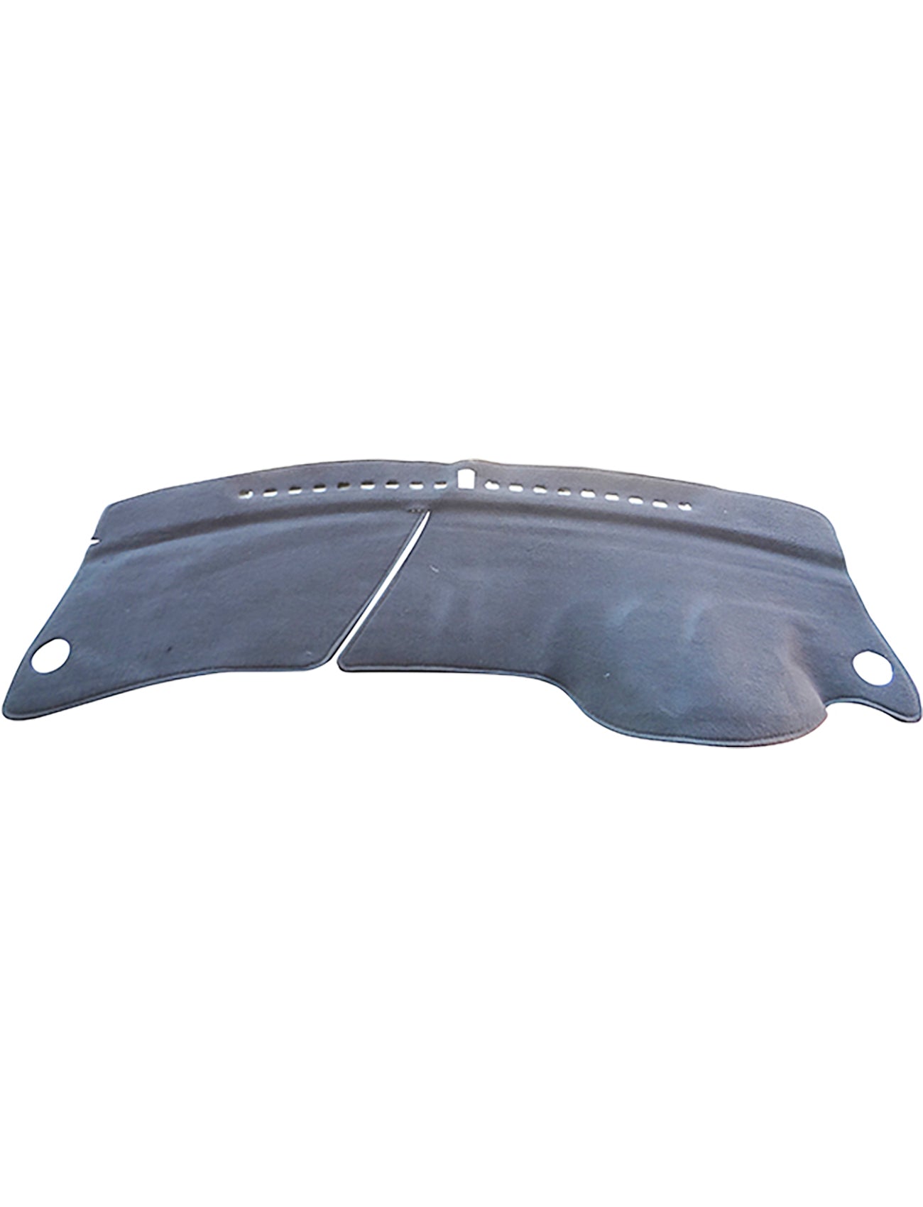 The Sunland Dash Mat Charcoal for Honda City GM models from 02/2009 to 12/2013, designed by Sunland-Protection, is a gray automotive part with a curved shape and multiple small holes along the top edge aimed at reducing glare. It includes two large circular openings on either side and a wide split in the center to improve vehicle cooling efficiency.