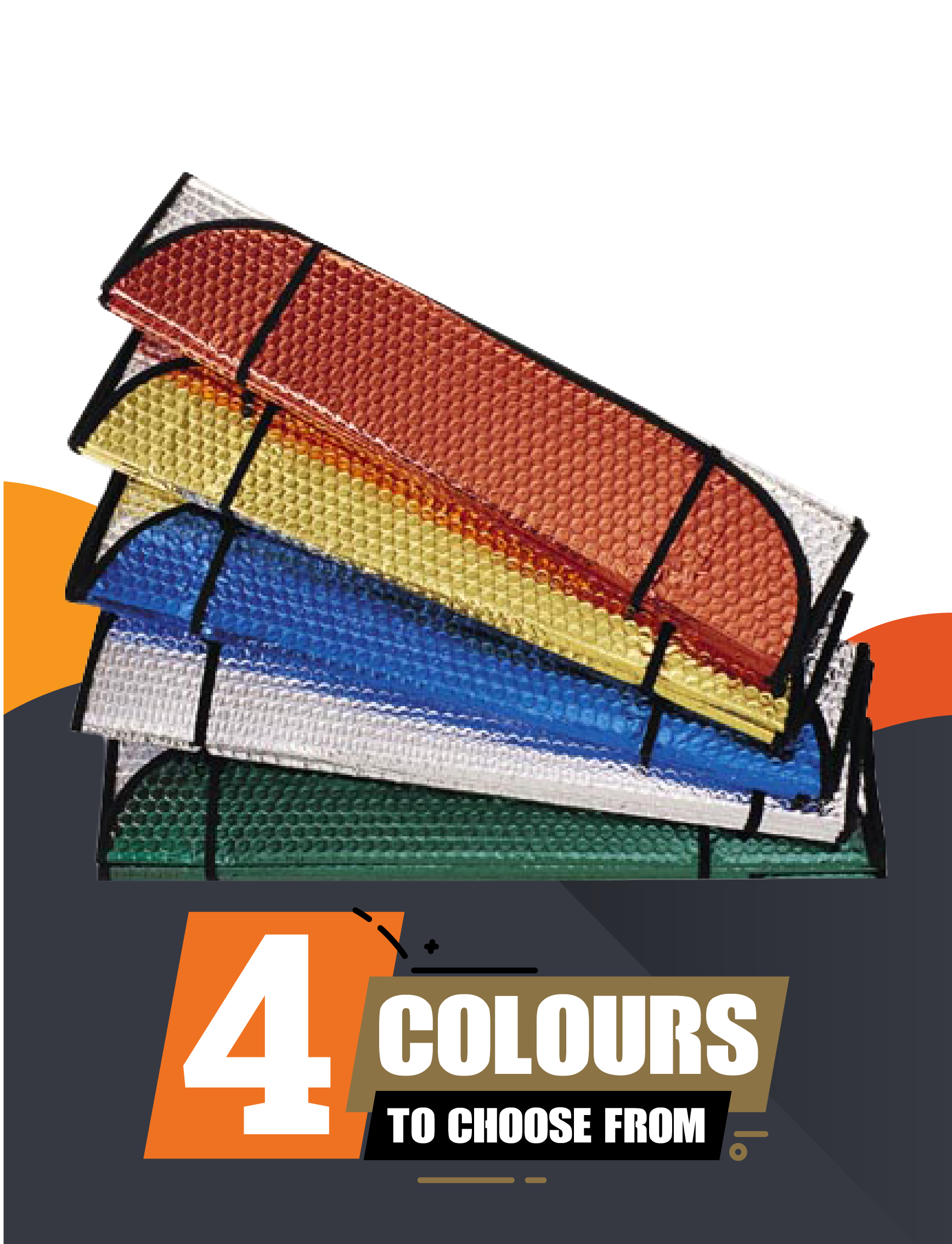 Stacked diagonally, four vibrant air bubble insulated sun shades come in red, yellow, blue, and green. Below them is bold text that states "4 Colours to Choose From." The background features orange and gray shapes that emphasize the UV protection provided by the Sunland-Protection Interior Sun Shade measuring 130cm x 60cm in silver.