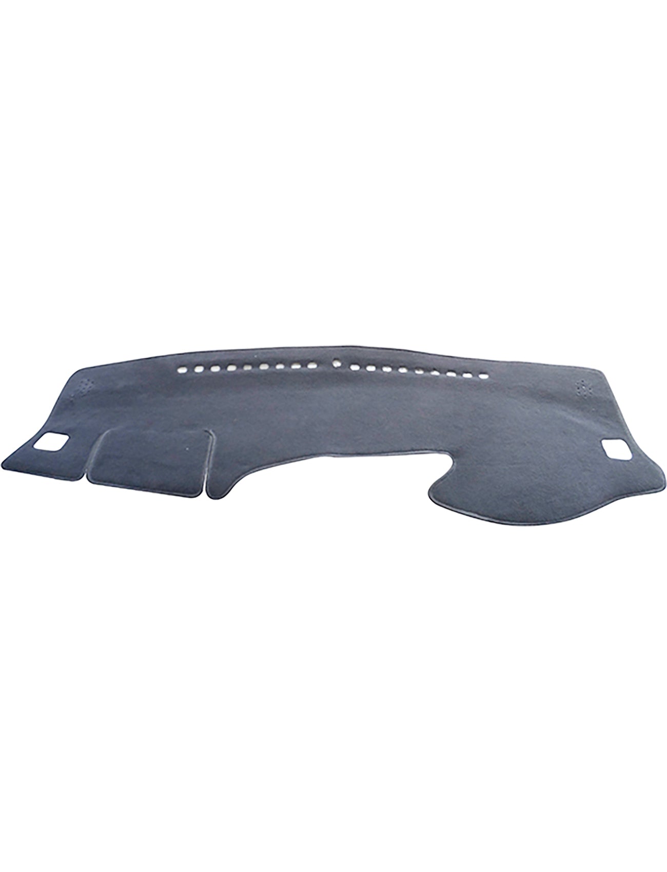 The Sunland-Protection Dash Mat, specifically the Charcoal variant for Toyota Kluger GSU50R/GSU55R models from 03/2014 to 12/2020 (T10406), is a black dashboard cover designed with multiple cutouts and holes for vents and controls. It not only enhances air conditioner efficiency but also helps maintain resale value by protecting against sun damage.