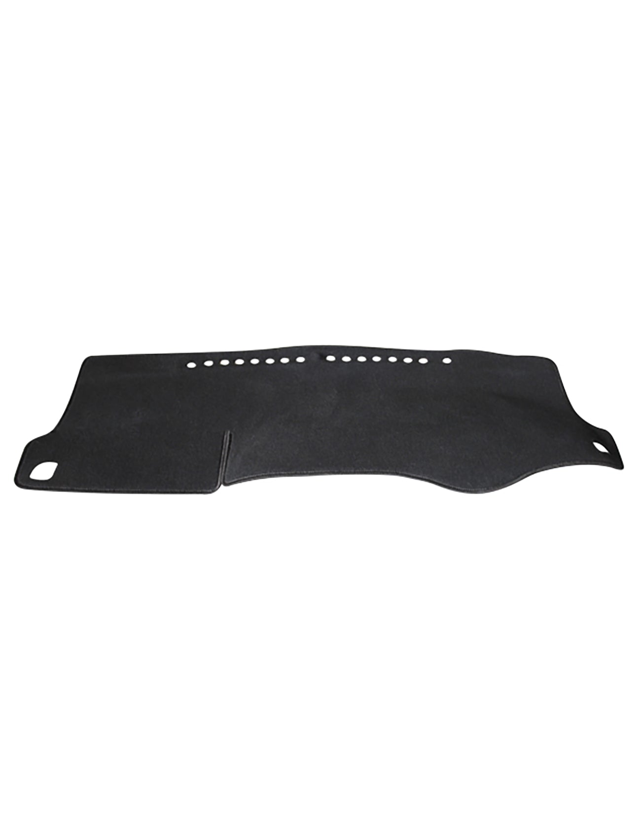 The Sunland-Protection Dash Mat Black Suits Toyota Yaris NCP130R (2014 Model) 09/2014-12/2019 All 5 Door Hatchback Models - T10601 is a sleek dashboard cover in black with small circular ventilation holes and two side cutouts. It's designed to fit snugly for protection and durability, keeping your vehicle cool while safeguarding its resale value.