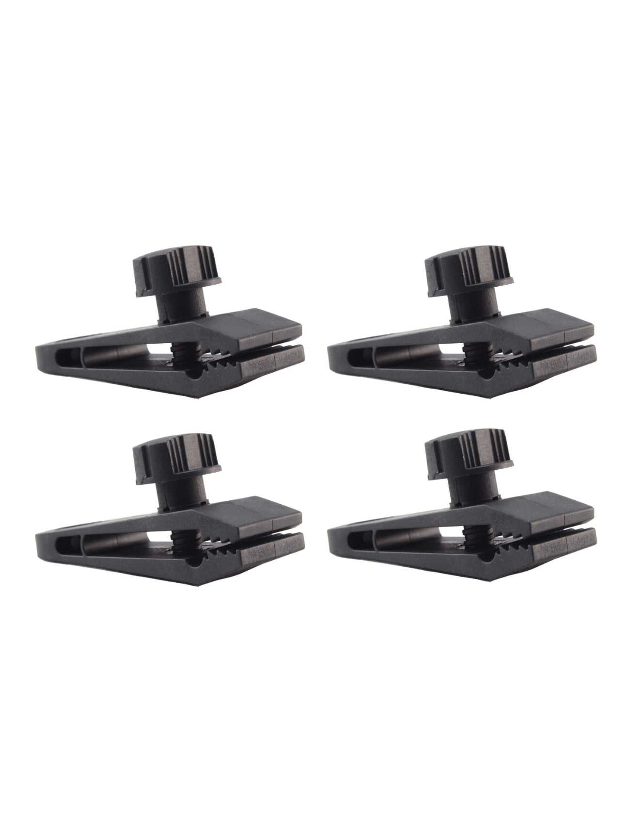 Arranged in two rows are four CAMPING CLAMPS 4pc BLACK by Sunland-Protection, each designed with an adjustable grip and a screw knob for securely fastening materials. Their sturdy design and integrated eyelet make them perfect for securing tarpaulins or awnings, ideal for outdoor use.